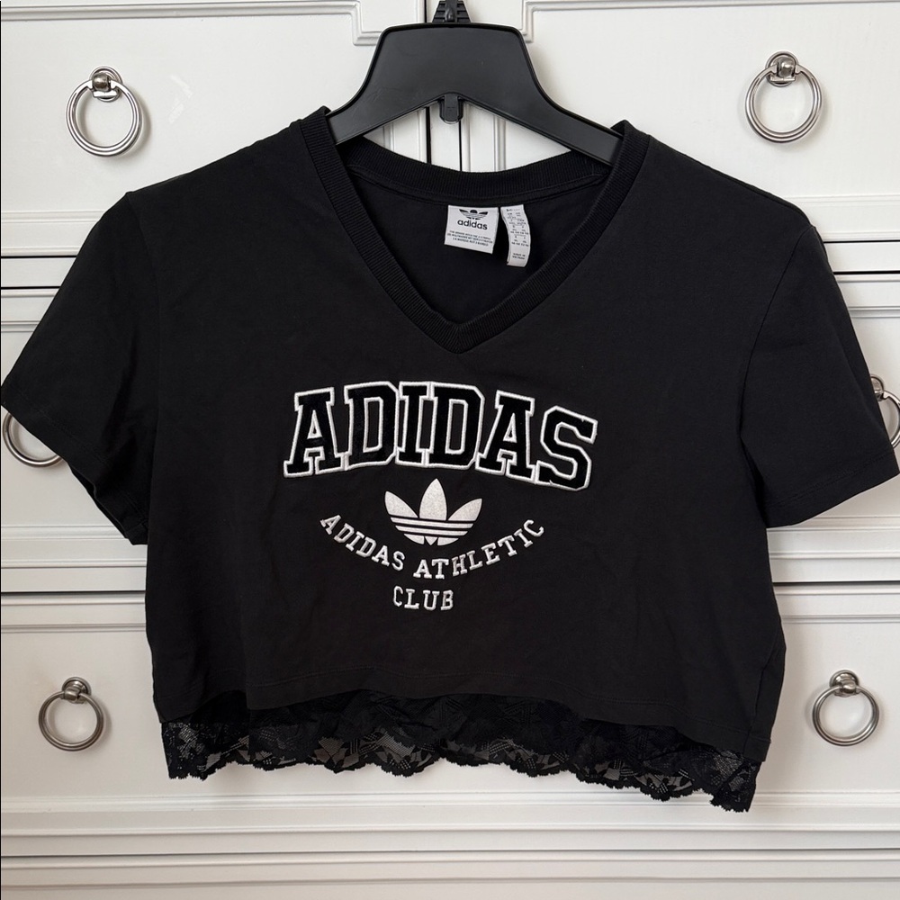 Adidas Black V-Neck Tee with Lace Hem